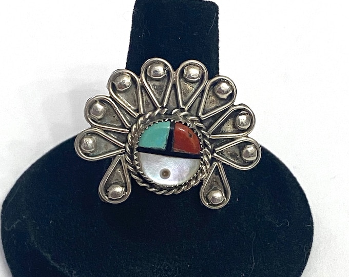Sz 7.5 Traditional Vintage Zuni Turquoise Coral MOP Sterling Silver Sunface Ring A042