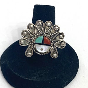 Sz 7,5 traditionele vintage Zuni turkoois koraal MOP sterlingzilveren Sunface-ring A042