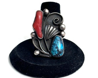 Size 8 Vintage Southwest Navajo Sterling Silver Turquoise Coral Ring (A051)