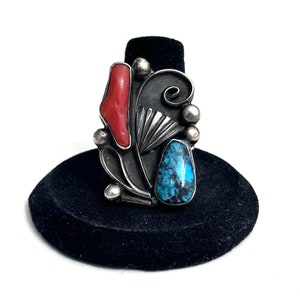 Size 8 Vintage Southwest Navajo Sterling Silver Turquoise Coral Ring (A051)