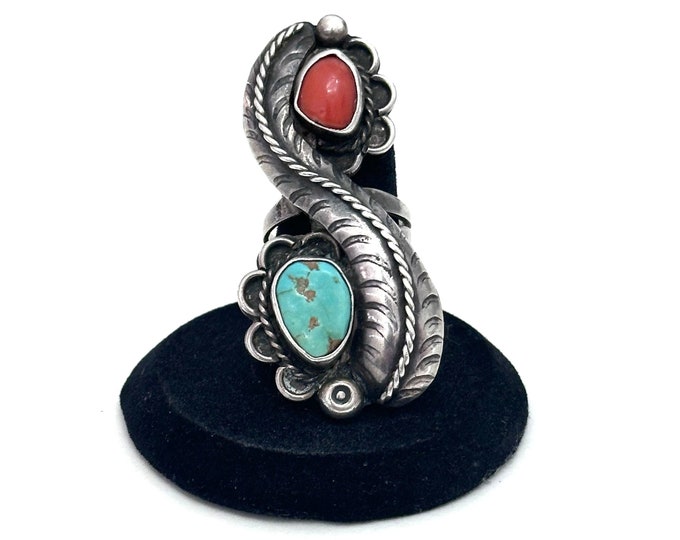 Huge Native American Vintage Sterling Silver -Turquoise Coral Ring Size 7 (A036)