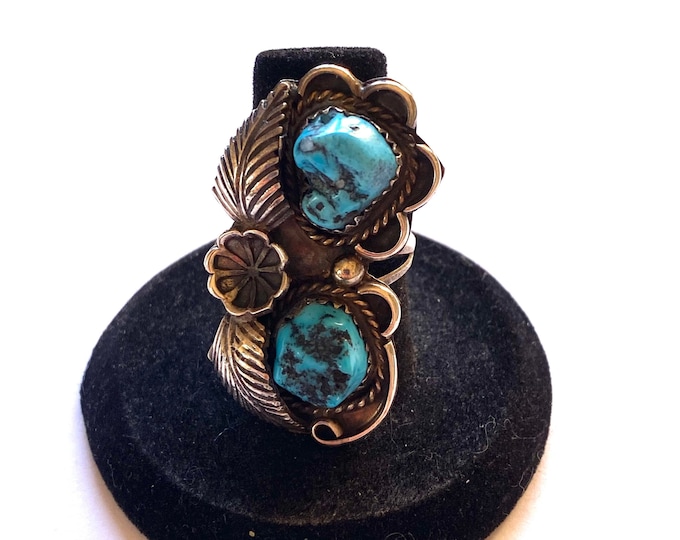 Size 7, Vintage Old Pawn Native American Navajo Double Turquoise Sterling Silver Leaf Ring, A152