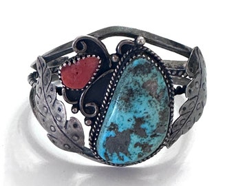 Vintage Navajo Sterling Silver Turquoise Coral Cuff Bracelet