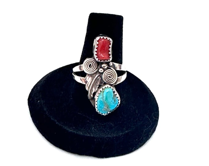 Size 8 Vintage Native American Sterling Silver Coral Turquoise Ring (A193)