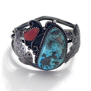Vintage hochwertige Navajo Sterling Silber Türkis & Koralle Manschette Armband (B001)