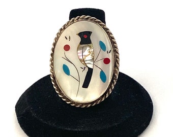 Vintage Zuni Sterling Silver Bird Inlay Ring, Size 6.5