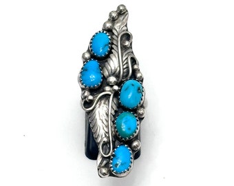 Vintage Native American Sterling Silver & Turquoise Elongated Ring Sz. 7 1/4