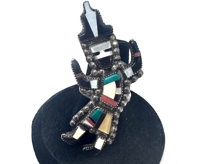 Vintage Zuni Kachina Ring, Multi-Stone Inlay Sterling Silver, Size 7.5