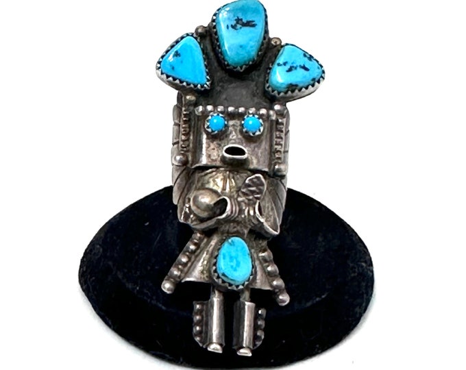 Vintage Native American Sterling Silver Turquoise Kachina Ring by Doris Smallcanyon (Navajo) Sz 8.5 (A058)