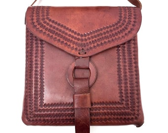 Guatemalan Tooled Genuine Leather Crossbody Bag, Adjustable Strap