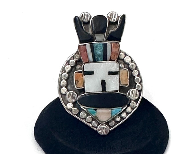 Huge Southwest Vintage Sterling Silver Multi Stone Inlay Kachina Ring, (R017)