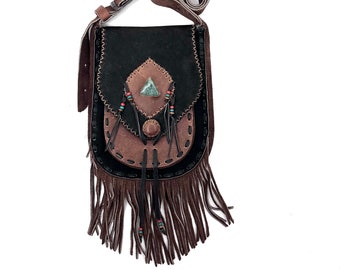 Handmade Fringed Leather Bag with Jade,  Boho Bag, Crossbody Leather Bag, Gypsy Festival Bag.