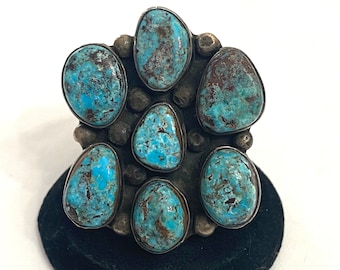 Huge Vintage Native American Bisbee Turquoise Cluster Ring, Signed by Artist (A197)