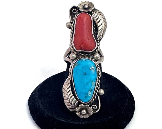 Size 6.75, Vintage Navajo Sterling Silver Turquoise & Coral Ring By Helen Slim (A049)