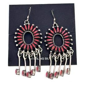 Vintage Zuni Needle Point Coral Sterling Silver Dangle Earrings 2.5&#39;&#39;