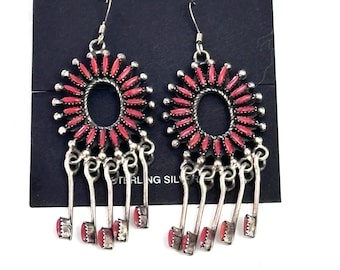 Vintage Zuni Needle Point Coral Sterling Silver Dangle Earrings 2.5''
