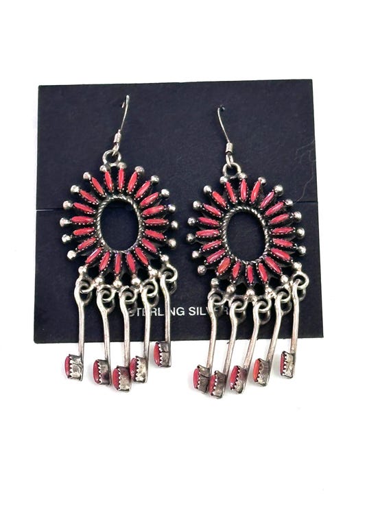 Vintage Zuni Needle Point Coral Sterling Silver Dangle Earrings 2.5''