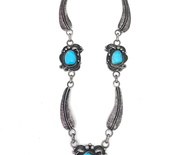 Gorgeous Vintage Sterling Silver & Turquoise Necklace 17.5 Inches Long By Jay Livingston (Navajo) (N038)