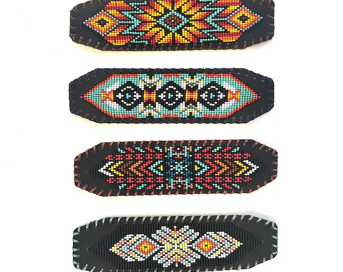 Unisex Leather Beaded Wide Cuff Bracelet / Bead Work Design