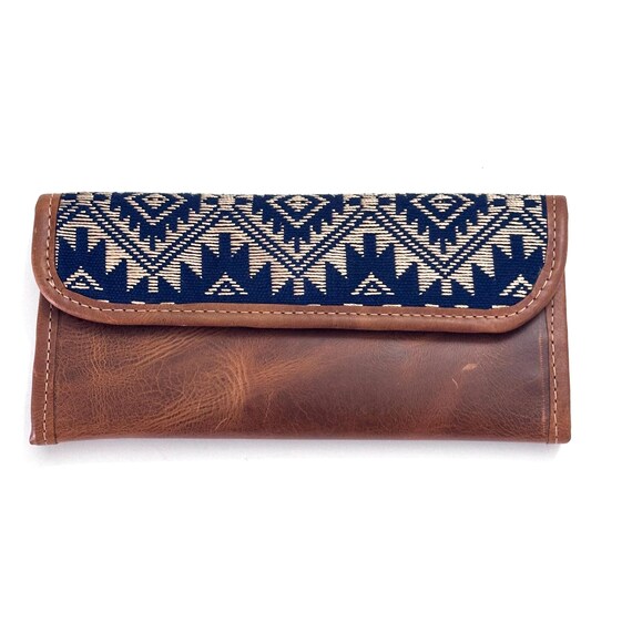 Guatemalan Leather Trifold Wallet, Embroidered Mayan Design Wallet With Check Book Slit