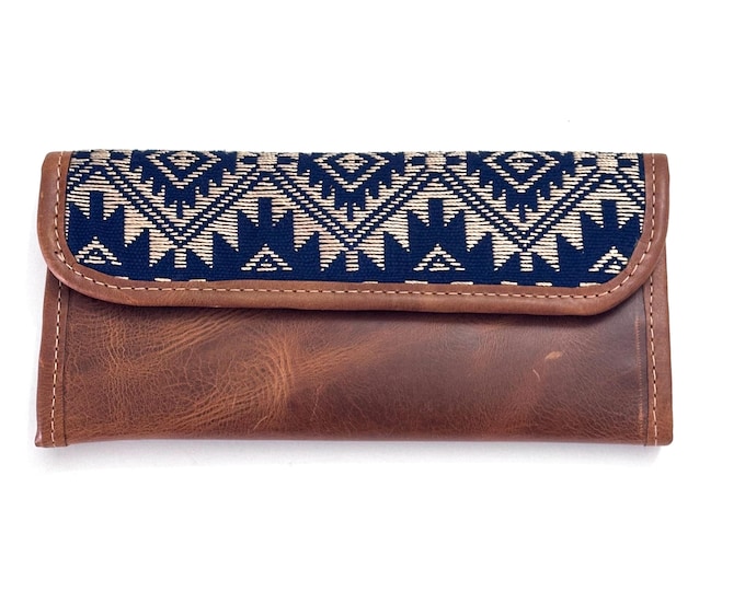 Guatemalan Leather Trifold Wallet, Embroidered Mayan Design Wallet With Check Book Slit
