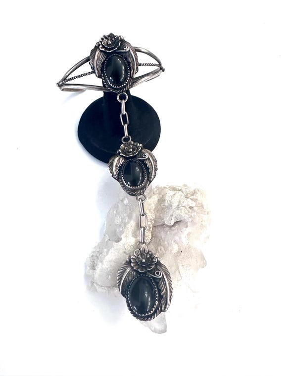 Vintage Navajo Sterling and Onyx Slave Bracelet, Ring Size 6.75 Signed Y