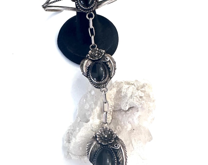 Vintage Navajo Sterling and Onyx Slave Bracelet, Ring Size 6.75  Signed Y