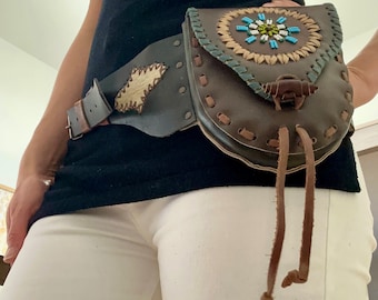Boho Leather Belt Bag with Beadwork - Hippie Style Waist Bag