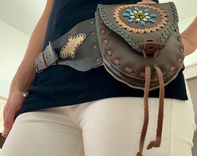 Boho Leather Belt Bag with Beadwork - Hippie Style Waist Bag