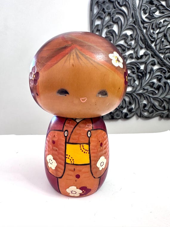 7” Japanese Kokeshi Wooden Doll, Colorful, Kokeshi doll, Vintage Kokeshi