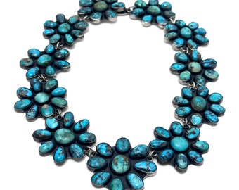 Federico Jimenez, Vintage Sterling Silver Turquoise Cluster Choker Necklace  17" Signed