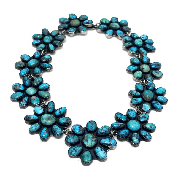 Federico Jimenez, Vintage Sterling Silver Turquoise Cluster Choker Necklace  17" Signed