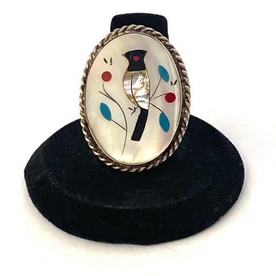 Sz 6.5 Large 1.25"X1" Vintage Zuni Sterling Silver Multi Stone Bird Inlay Ring A041