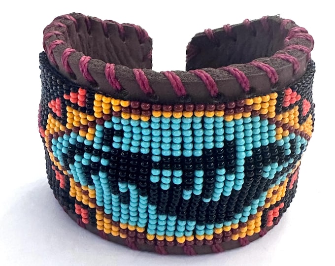 Unisex Leather Beaded Wide Cuff Bracelet / Bead Work Design