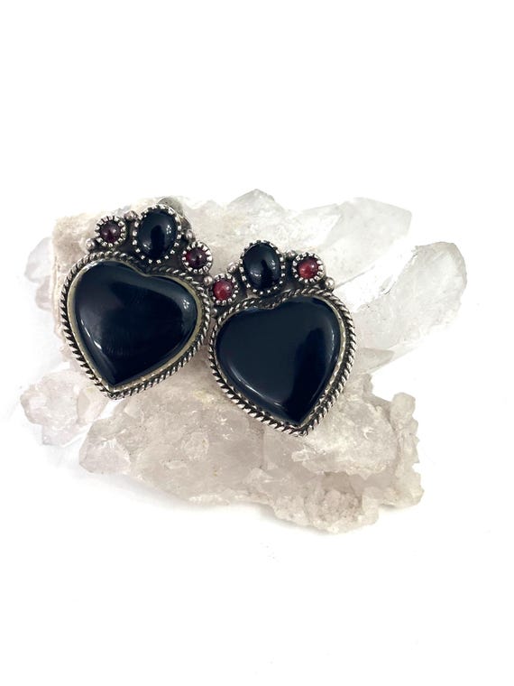 Vintage Sterling Silver Onyx & Garnet Heart Clip-on Earrings