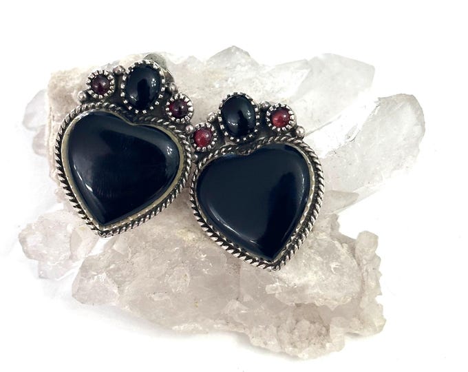 Vintage Sterling Silver Onyx & Garnet Heart Clip-on  Earrings