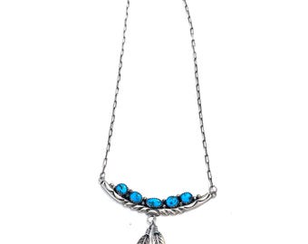 Vintage Sterling Silver Turquoise Feathers Necklace Southwestern (N022)