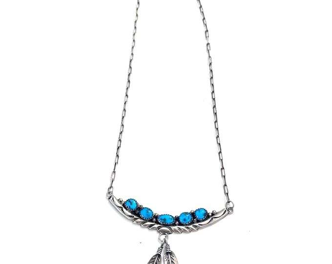 Vintage Sterling Silver Turquoise Feathers Necklace Southwestern (N022)