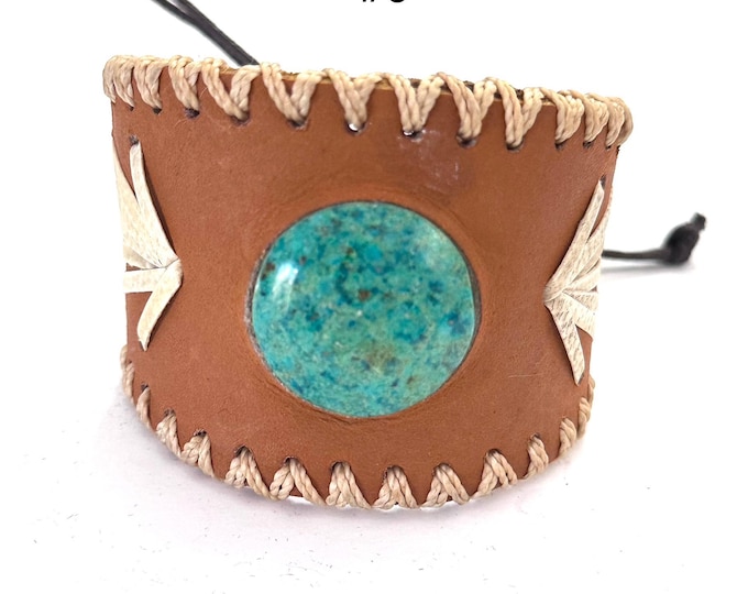 Adjustable Genuine Leather & Chrysocolla Stone Cuff Bracelet, Unisex