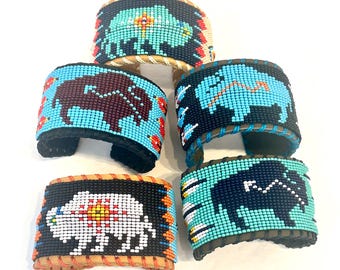 Unisex Leather Beaded Wide Cuff Bracelet / Bead Work, Buffalo Design