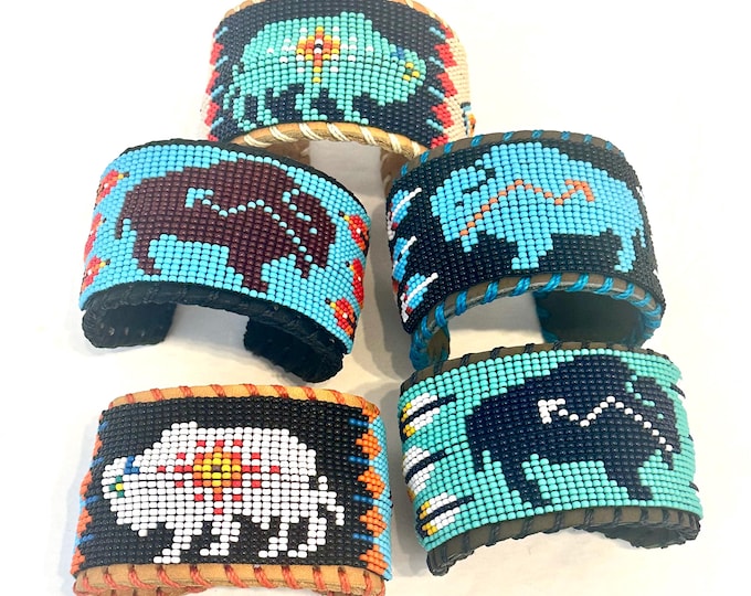 Unisex Leather Beaded Wide Cuff Bracelet / Bead Work, Buffalo Design