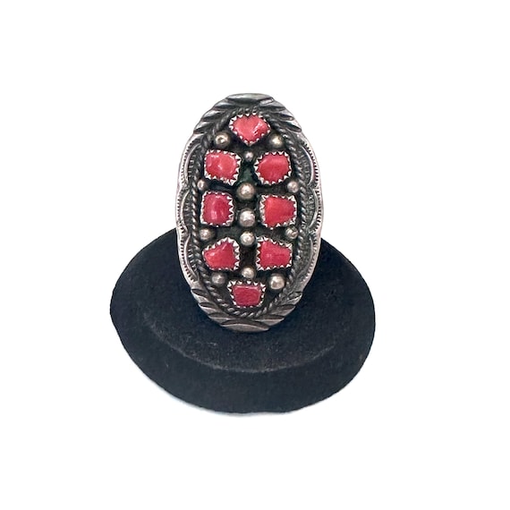 Huge Vintage Navajo Mediterranean Red Coral Cluster Sterling Silver Ring Sz 6.5