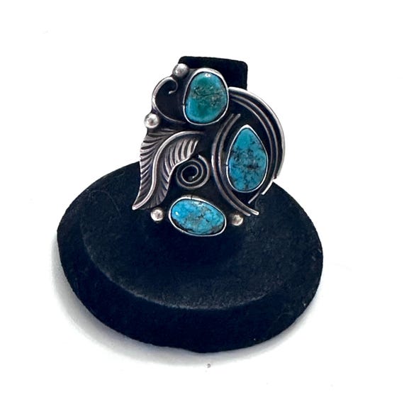 Vintage Navajo Sterling Silver Turquoise Statement Ring, Signed MS, Size 6 (R150)