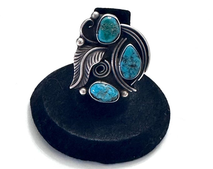 Vintage Navajo  Sterling Silver Turquoise Statement Ring, Signed MS, Size 6 (R150)