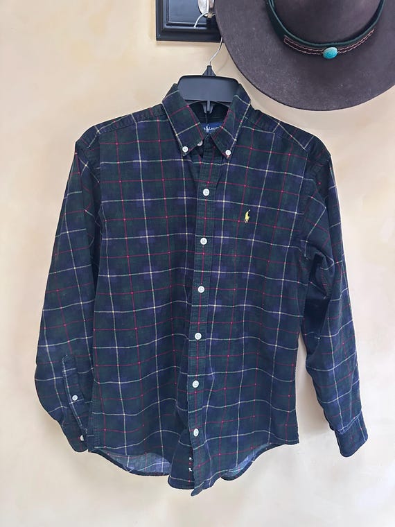 Women's Vintage Ralph Lauren Corduroy Button Up Shirt Size Medium Green Red Plaid Top