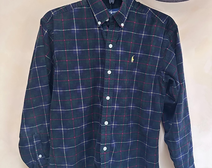 Women's Vintage Ralph Lauren Corduroy Button Up Shirt Size Medium Green Red Plaid Top