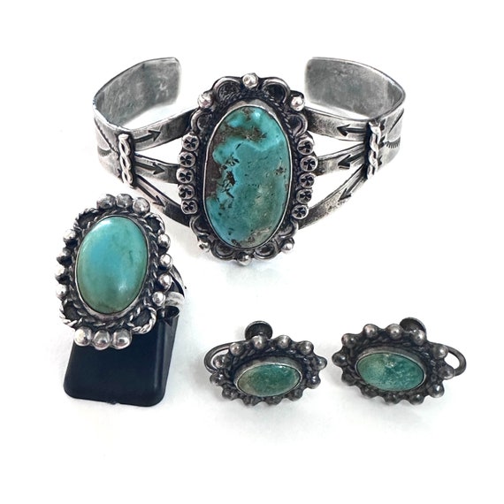 Vintage Old Fred Harvey Era Navajo Sterling Silver Cerrillos Set (B047)