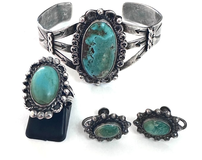 Vintage Old Fred Harvey Era Navajo Sterling Silver Cerrillos Set (B047)