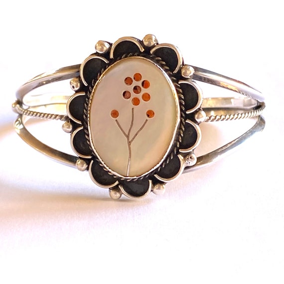 Native American Sterling & Mother of Pearl Inlay Cuff Bracelet, 37 Grams, Southwestern Jewelry B016