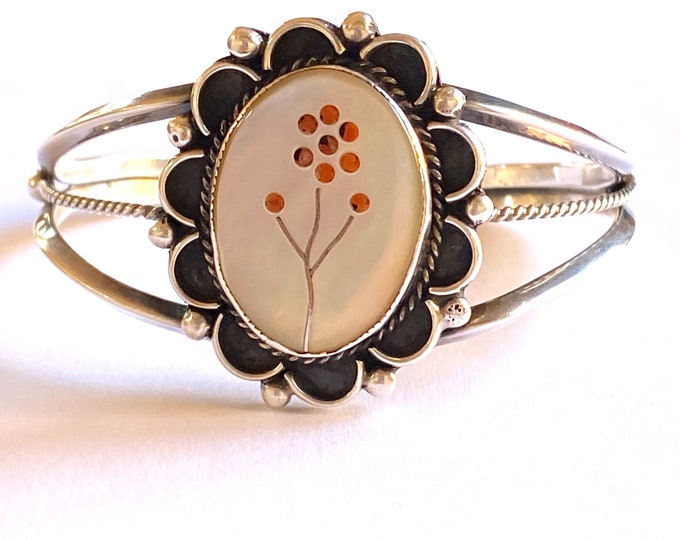 Native American Sterling & Mother of Pearl Inlay Cuff Bracelet, 37 Grams, Southwestern Jewelry B016